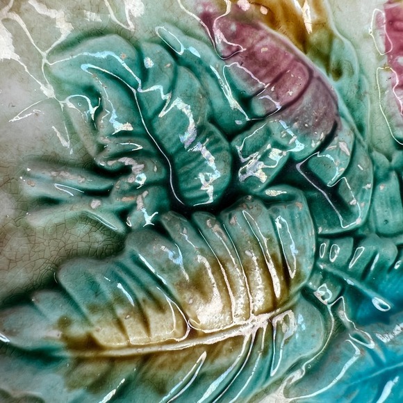 Antique Majolica Banana Leaf Basketweave Bread Serving Tray Blue Glaze 19th C - Picture 13 of 16